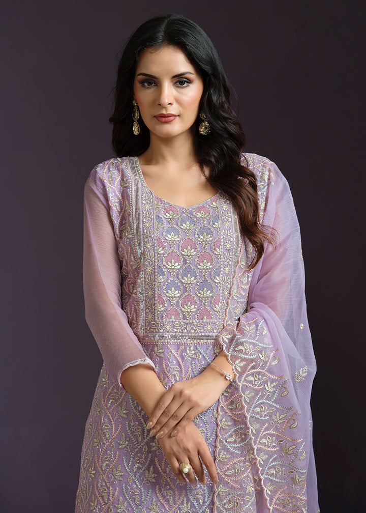 Buy Now Lilac Lucknowi Embroidered Chiffon Festive Salwar Suit Online in USA, UK, Canada, Germany, UAE & Worldwide at Empress Clothing. 