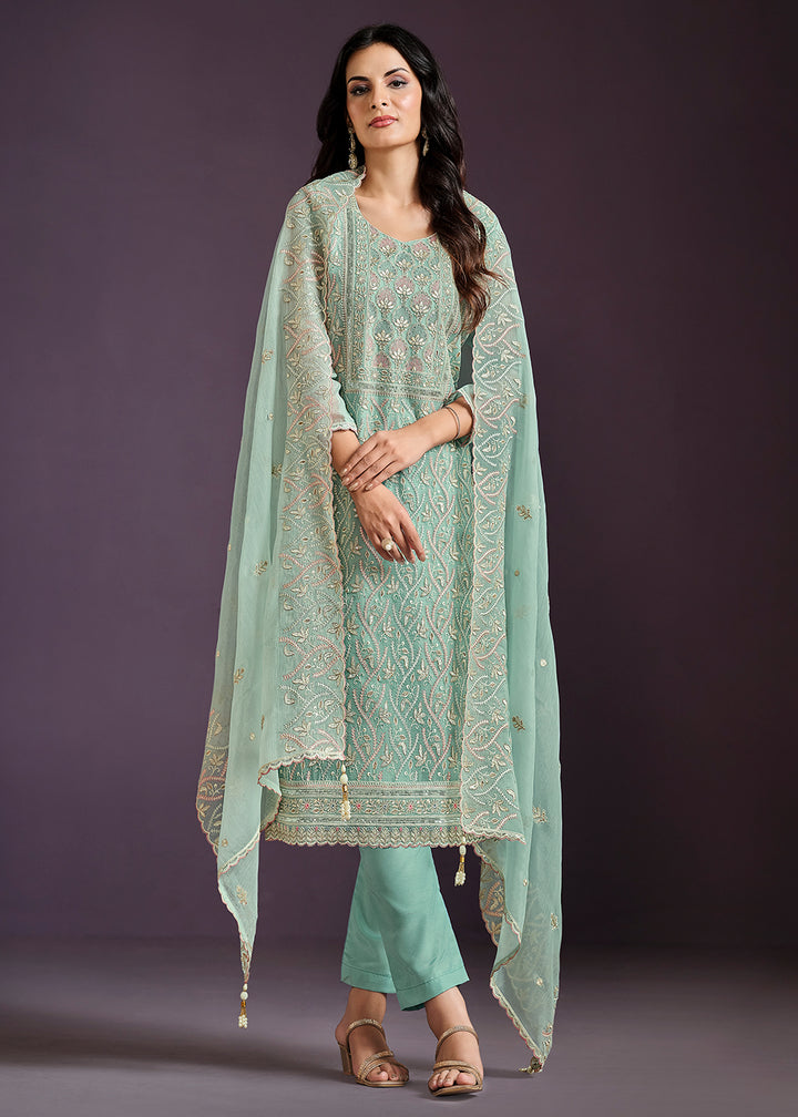 Buy Now Aqua Lucknowi Embroidered Chiffon Festive Salwar Suit Online in USA, UK, Canada, Germany, UAE & Worldwide at Empress Clothing. 