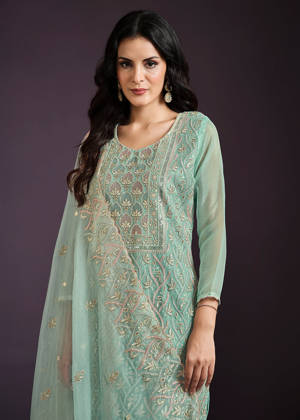 Buy Now Aqua Lucknowi Embroidered Chiffon Festive Salwar Suit Online in USA, UK, Canada, Germany, UAE & Worldwide at Empress Clothing. 