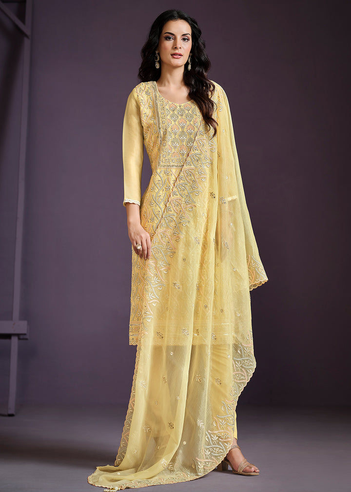 Buy Now Yellow Lucknowi Embroidered Chiffon Festive Salwar Suit Online in USA, UK, Canada, Germany, UAE & Worldwide at Empress Clothing. 