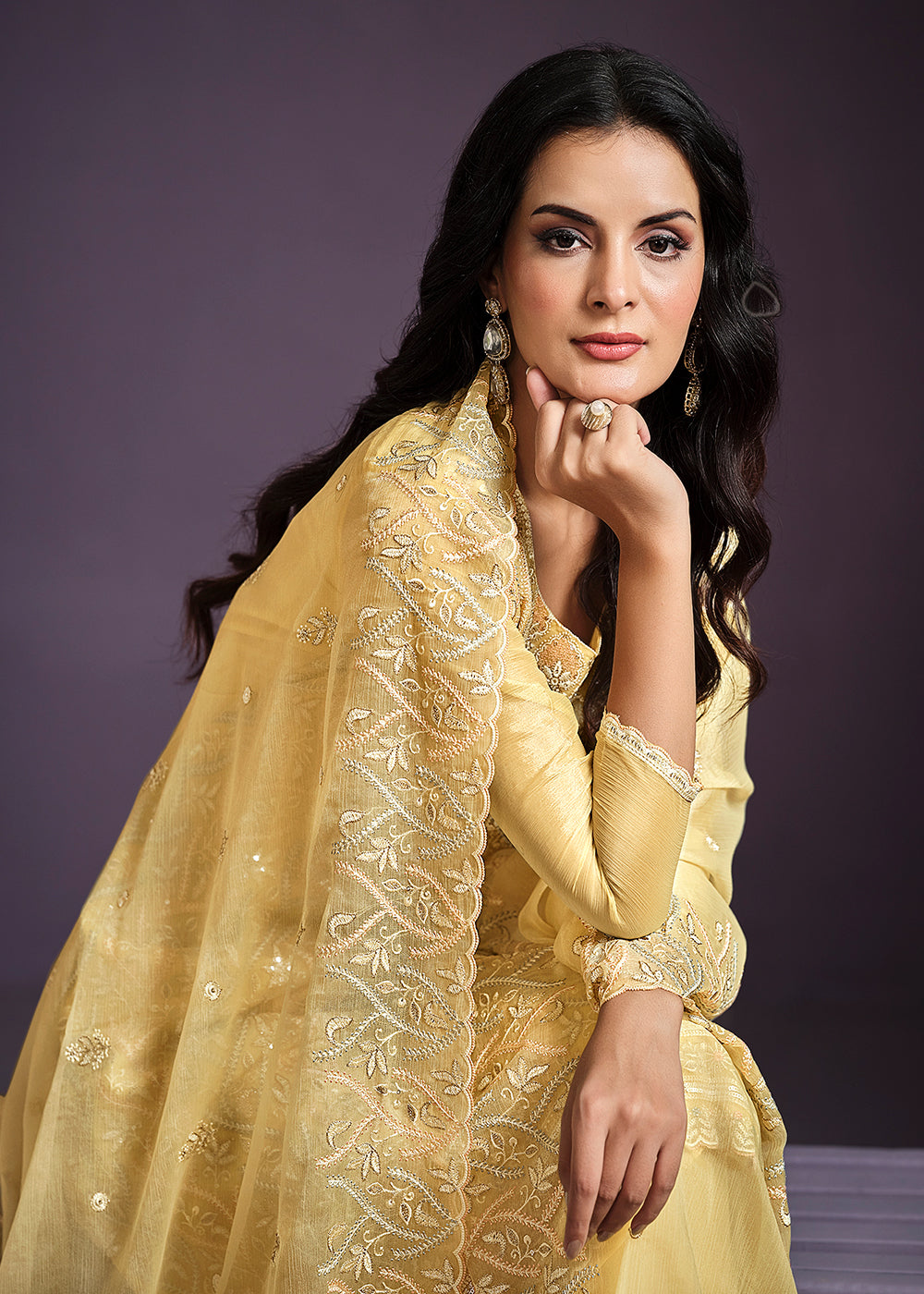 Buy Now Yellow Lucknowi Embroidered Chiffon Festive Salwar Suit Online in USA, UK, Canada, Germany, UAE & Worldwide at Empress Clothing. 