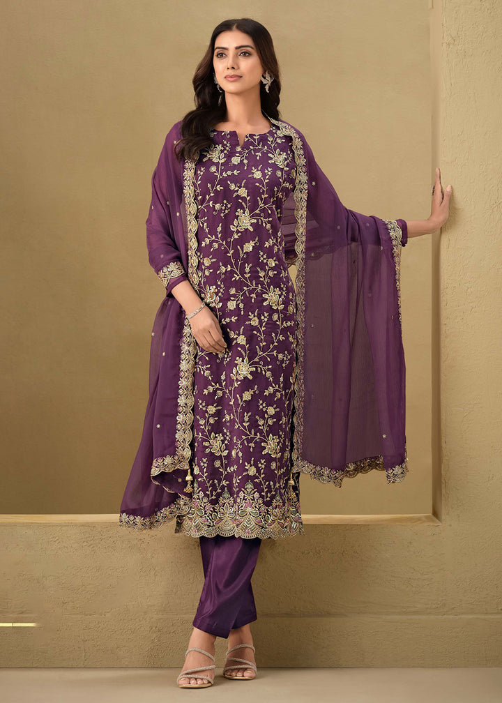 Buy Now Embroidered Sequins Purple Organza Pant Style Suit Online in USA, UK, Canada, Germany, UAE & Worldwide at Empress Clothing.