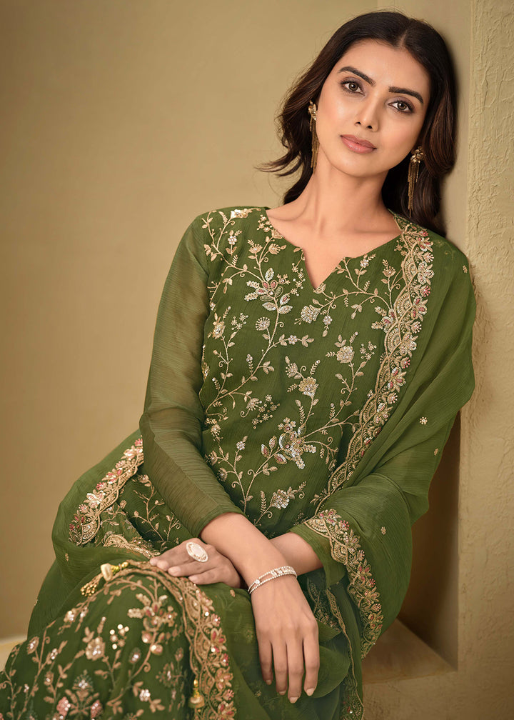 Buy Now Embroidered Sequins Green Organza Pant Style Suit Online in USA, UK, Canada, Germany, UAE & Worldwide at Empress Clothing. 