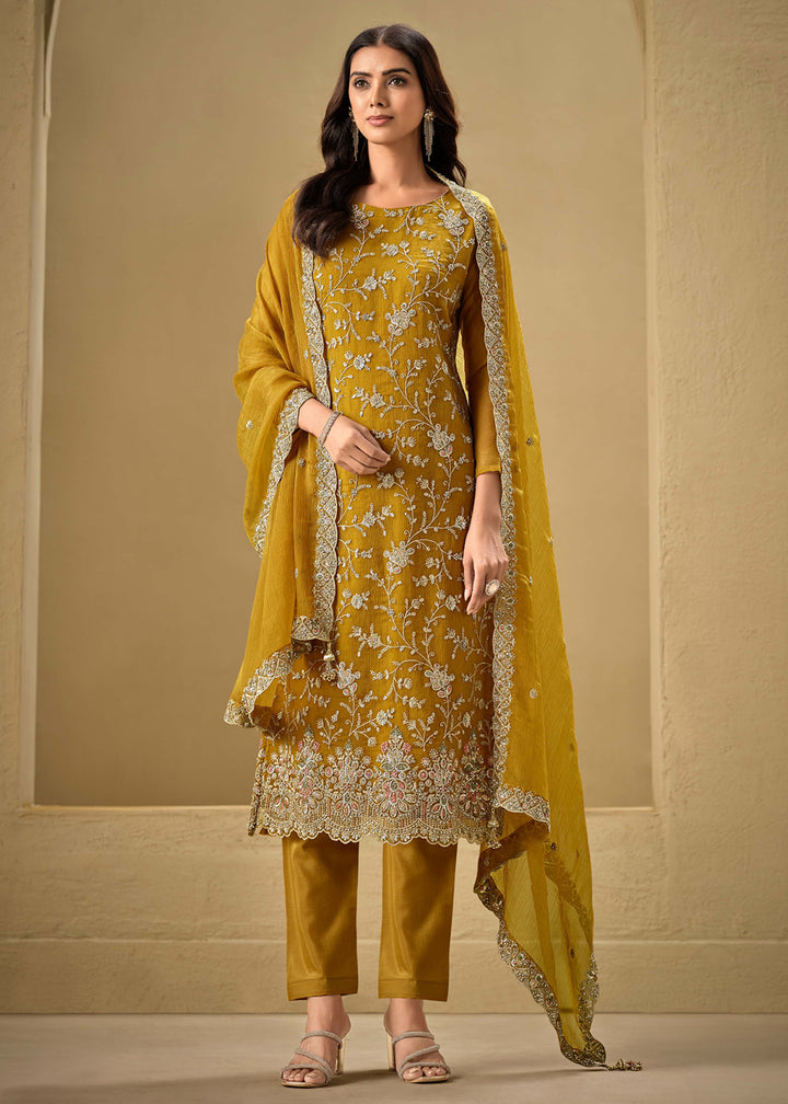 Buy Now Embroidered Sequins Yellow Organza Pant Style Suit Online in USA, UK, Canada, Germany, UAE & Worldwide at Empress Clothing.