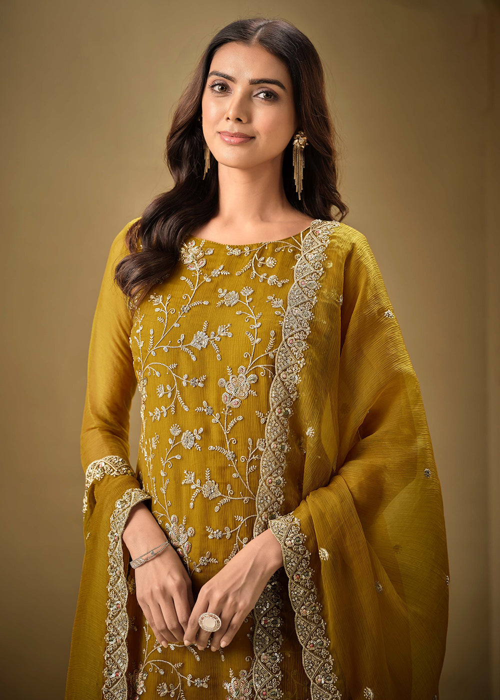 Buy Now Embroidered Sequins Yellow Organza Pant Style Suit Online in USA, UK, Canada, Germany, UAE & Worldwide at Empress Clothing.