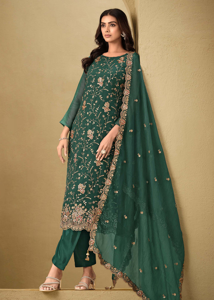 Buy Now Embroidered Sequins Dark Green Organza Pant Style Suit Online in USA, UK, Canada, Germany, UAE & Worldwide at Empress Clothing.