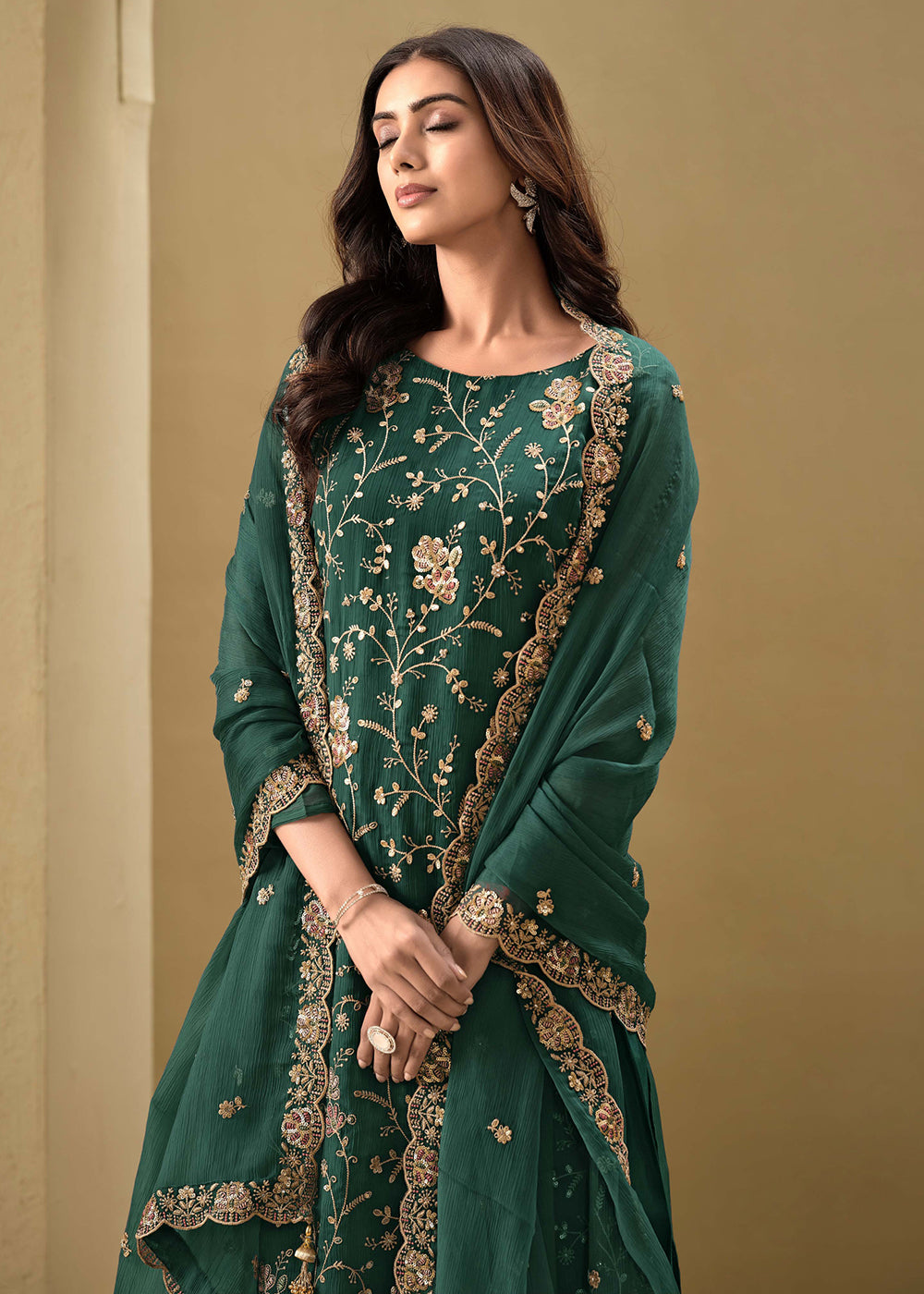 Buy Now Embroidered Sequins Dark Green Organza Pant Style Suit Online in USA, UK, Canada, Germany, UAE & Worldwide at Empress Clothing.