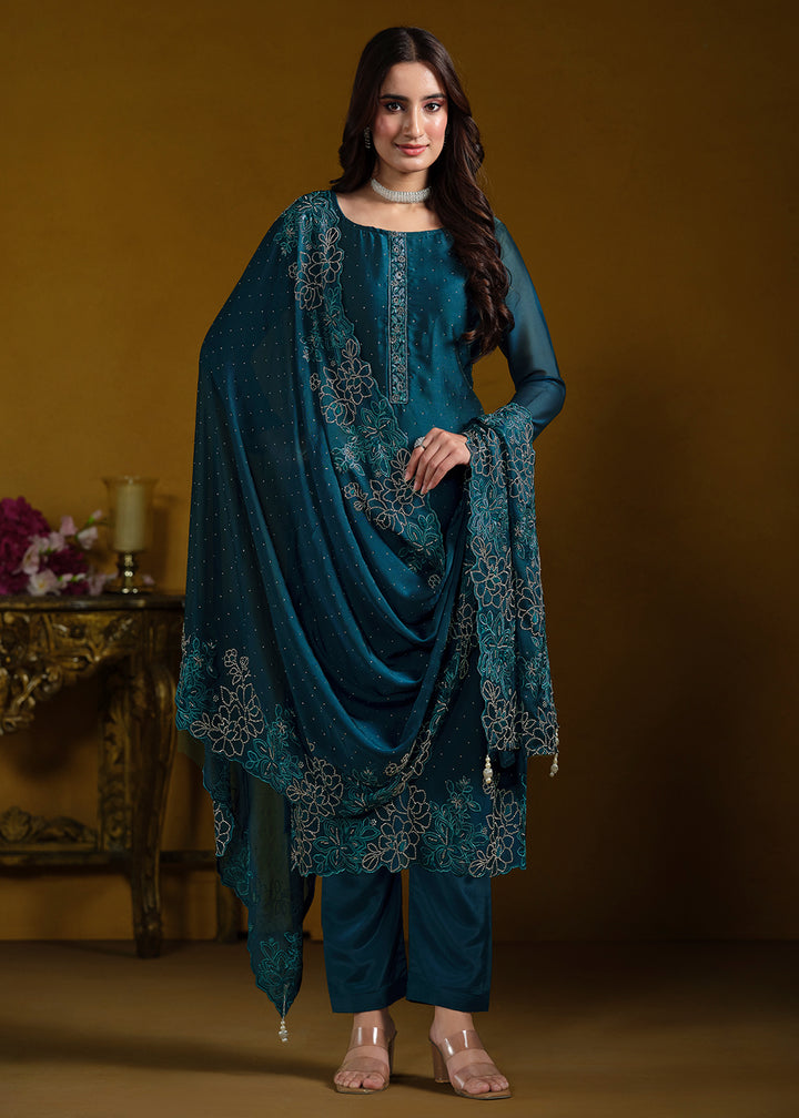 Buy Now Fabulous Teal Blue Georgette Festive Pant Salwar Suit Online in USA, UK, Canada, Germany, UAE & Worldwide at Empress Clothing. 