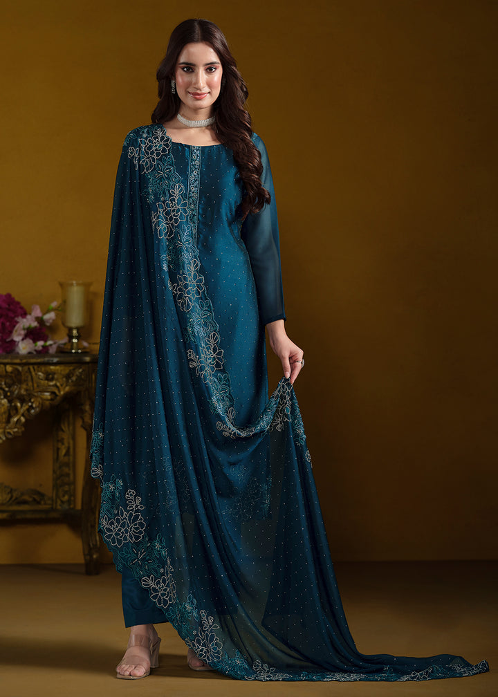 Buy Now Fabulous Teal Blue Georgette Festive Pant Salwar Suit Online in USA, UK, Canada, Germany, UAE & Worldwide at Empress Clothing. 