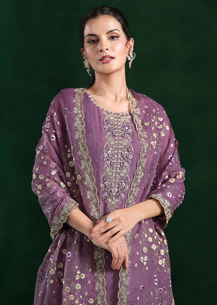 Buy Now Crinkle Chiffon Purple Swrovski Work Festive Salwar Suit Online in USA, UK, Canada, Germany, Italy, France, Austria, UAE & Worldwide at Empress Clothing