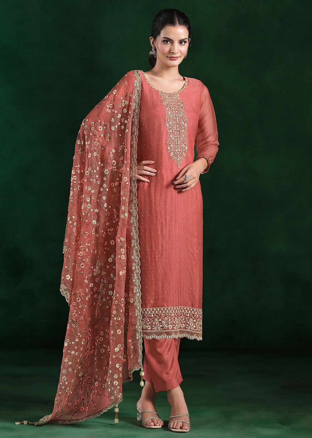 Buy Now Crinkle Chiffon Peach Swrovski Work Festive Salwar Suit Online in USA, UK, Canada, Germany, Italy, France, Austria, UAE & Worldwide at Empress Clothing.