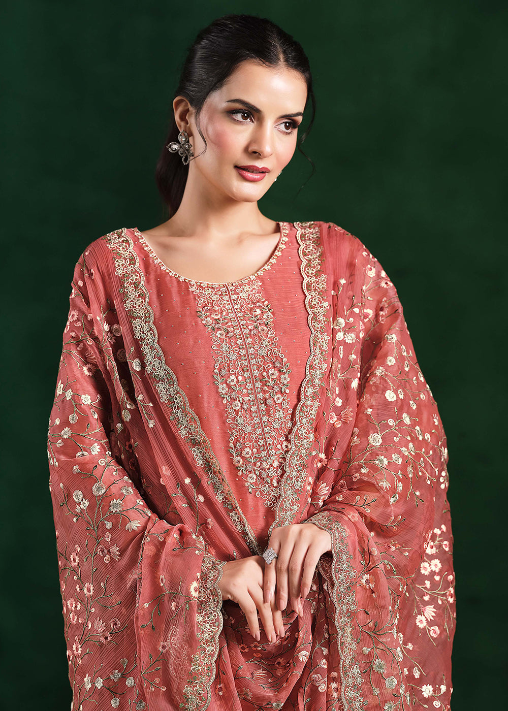 Buy Now Crinkle Chiffon Peach Swrovski Work Festive Salwar Suit Online in USA, UK, Canada, Germany, Italy, France, Austria, UAE & Worldwide at Empress Clothing.