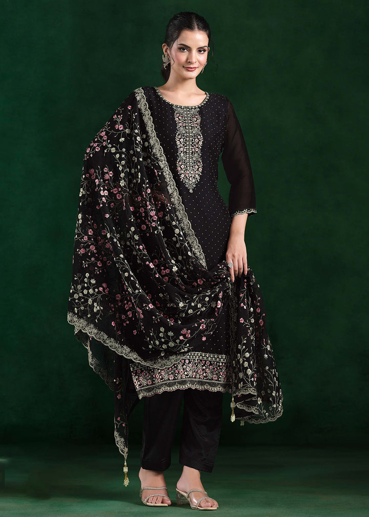 Buy Now Crinkle Chiffon Black Swrovski Work Festive Salwar Suit Online in USA, UK, Canada, Germany, Italy, France, Austria, UAE & Worldwide at Empress Clothing.