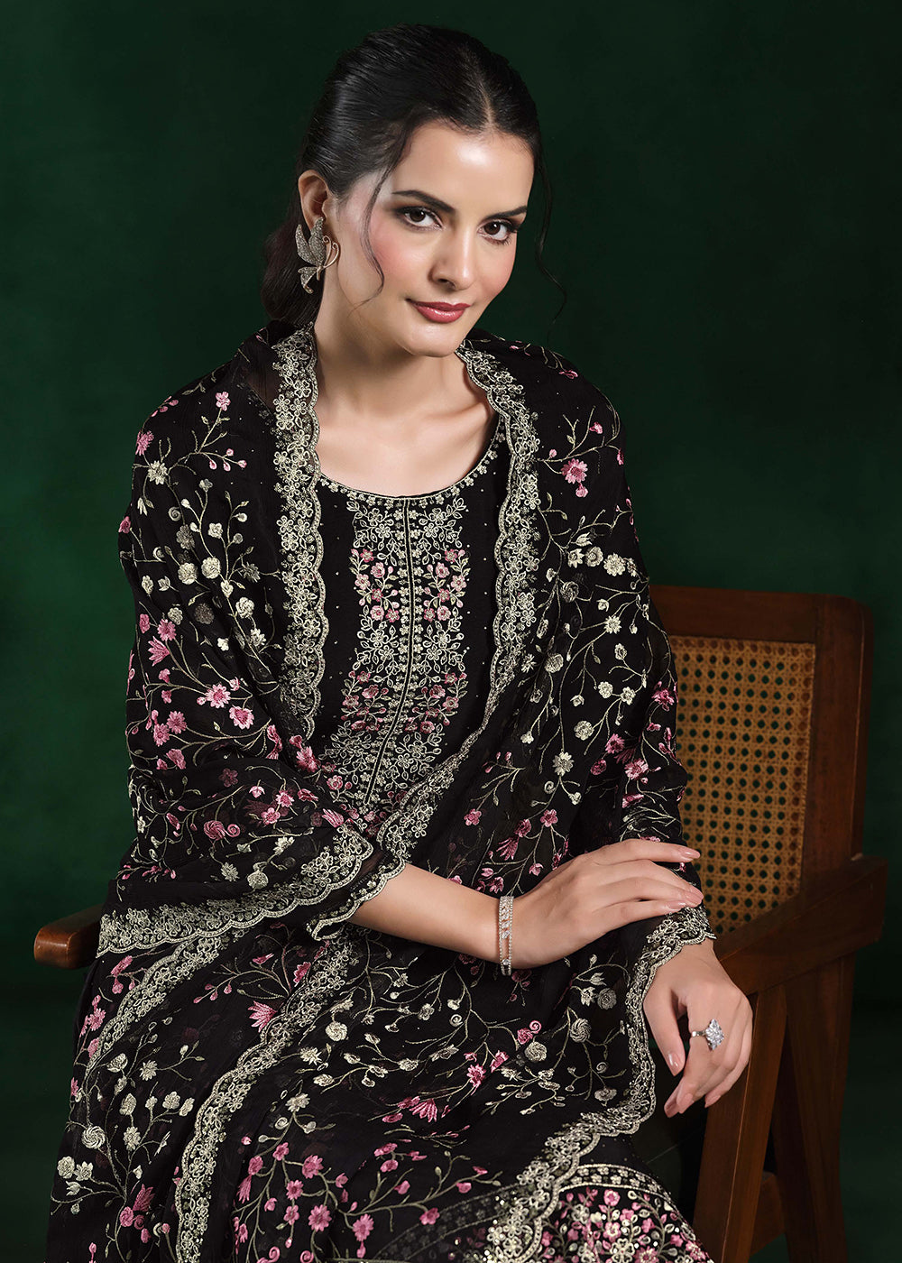 Buy Now Crinkle Chiffon Black Swrovski Work Festive Salwar Suit Online in USA, UK, Canada, Germany, Italy, France, Austria, UAE & Worldwide at Empress Clothing.