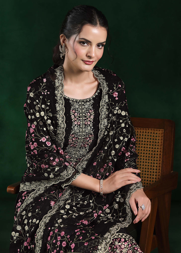 Buy Now Crinkle Chiffon Black Swrovski Work Festive Salwar Suit Online in USA, UK, Canada, Germany, Italy, France, Austria, UAE & Worldwide at Empress Clothing.