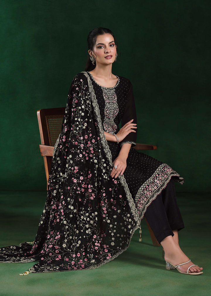 Buy Now Crinkle Chiffon Black Swrovski Work Festive Salwar Suit Online in USA, UK, Canada, Germany, Italy, France, Austria, UAE & Worldwide at Empress Clothing.