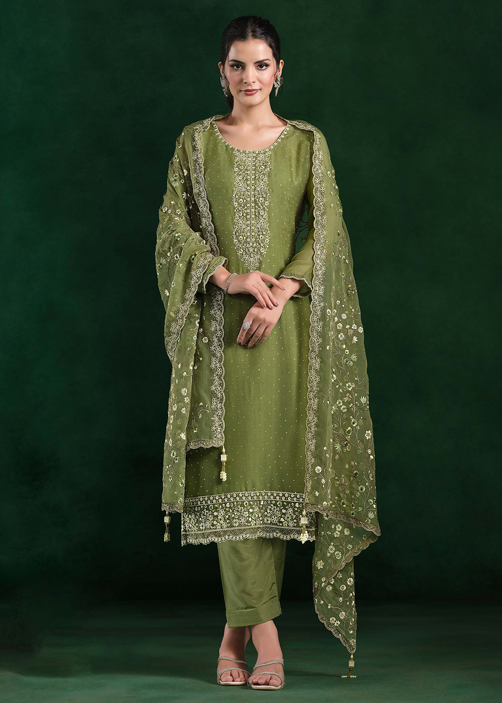 Buy Now Crinkle Chiffon Green Swrovski Work Festive Salwar Suit Online in USA, UK, Canada, Germany, Italy, France, Austria, UAE & Worldwide at Empress Clothing.