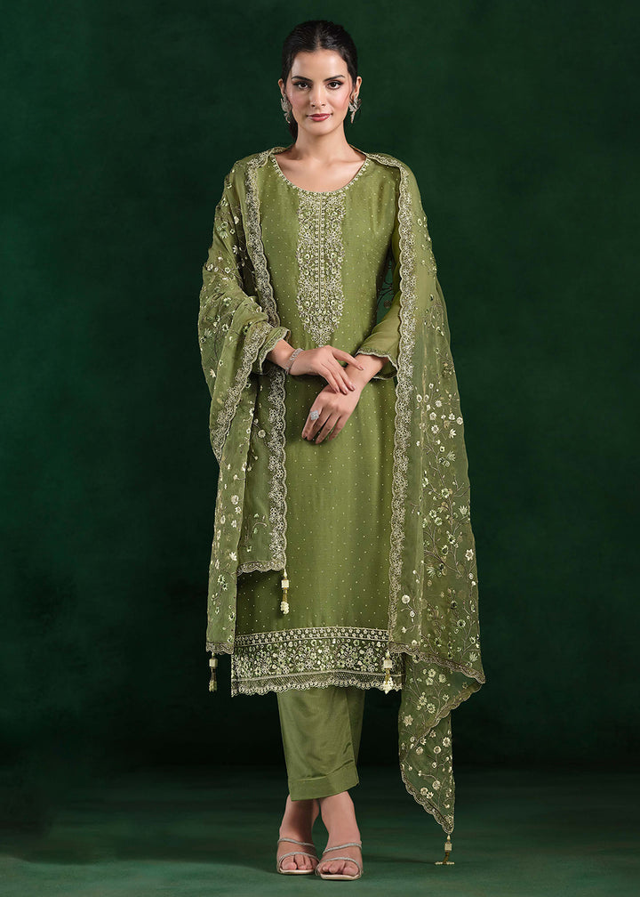Buy Now Crinkle Chiffon Green Swrovski Work Festive Salwar Suit Online in USA, UK, Canada, Germany, Italy, France, Austria, UAE & Worldwide at Empress Clothing.
