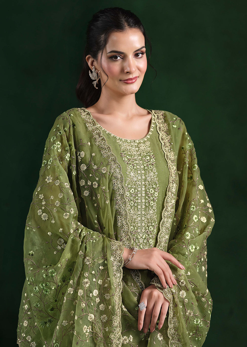 Buy Now Crinkle Chiffon Green Swrovski Work Festive Salwar Suit Online in USA, UK, Canada, Germany, Italy, France, Austria, UAE & Worldwide at Empress Clothing.