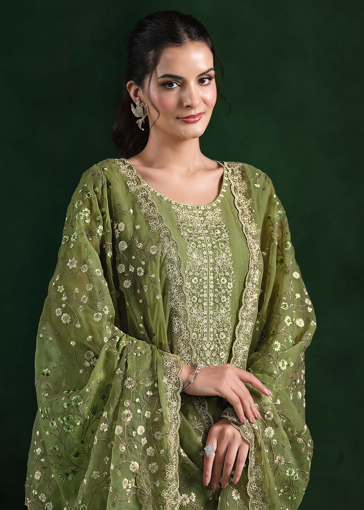 Buy Now Crinkle Chiffon Green Swrovski Work Festive Salwar Suit Online in USA, UK, Canada, Germany, Italy, France, Austria, UAE & Worldwide at Empress Clothing.