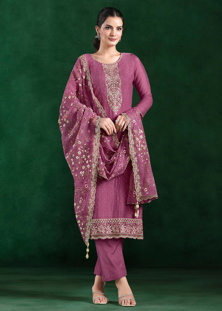 Buy Now Crinkle Chiffon Pink Swrovski Work Festive Salwar Suit Online in USA, UK, Canada, Germany, Italy, France, Austria, UAE & Worldwide at Empress Clothing.