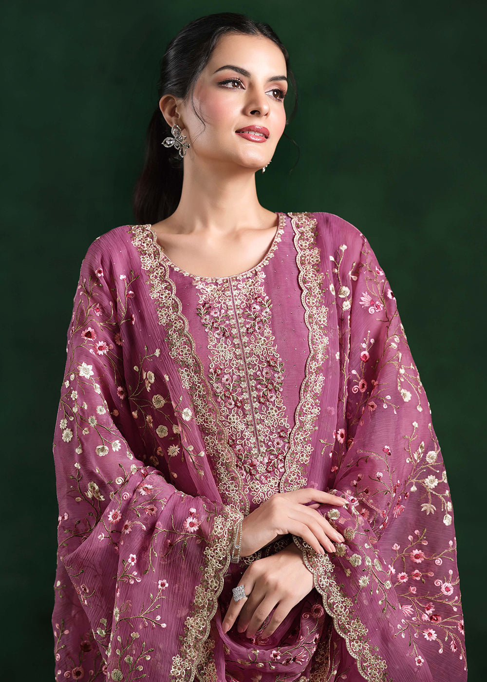 Buy Now Crinkle Chiffon Pink Swrovski Work Festive Salwar Suit Online in USA, UK, Canada, Germany, Italy, France, Austria, UAE & Worldwide at Empress Clothing.