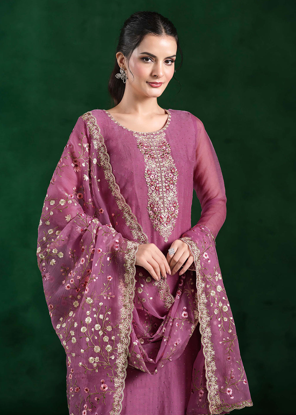 Buy Now Crinkle Chiffon Pink Swrovski Work Festive Salwar Suit Online in USA, UK, Canada, Germany, Italy, France, Austria, UAE & Worldwide at Empress Clothing.