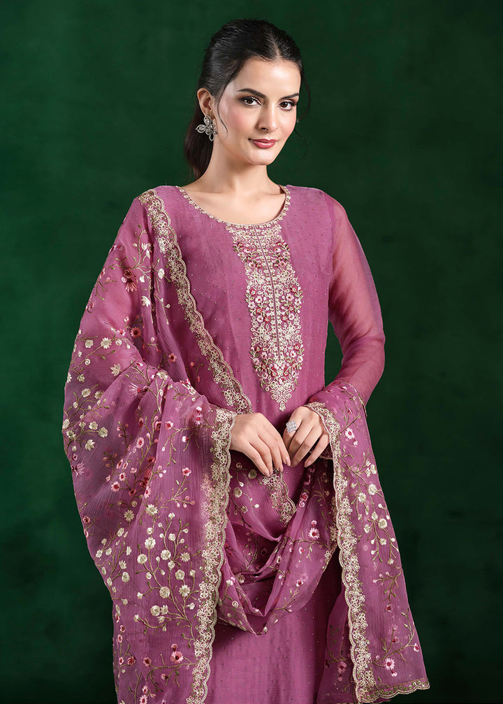 Buy Now Crinkle Chiffon Pink Swrovski Work Festive Salwar Suit Online in USA, UK, Canada, Germany, Italy, France, Austria, UAE & Worldwide at Empress Clothing.