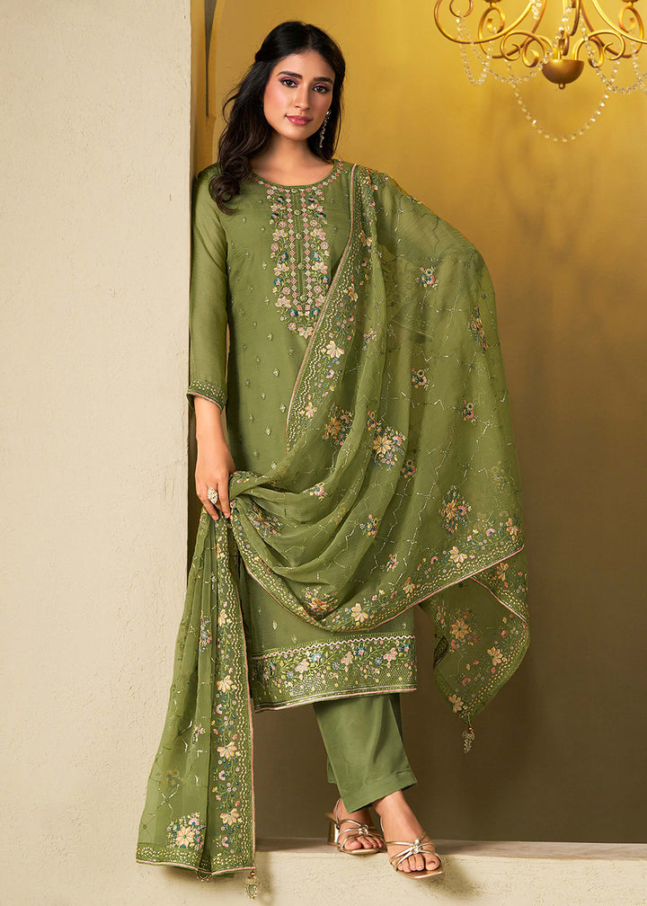Buy Now Green Chiffon Swarovski Embroidered Salwar Suit Online in USA, UK, Canada, Germany, Italy, France, Austria, UAE, Qatar & Worldwide at Empress Clothing.
