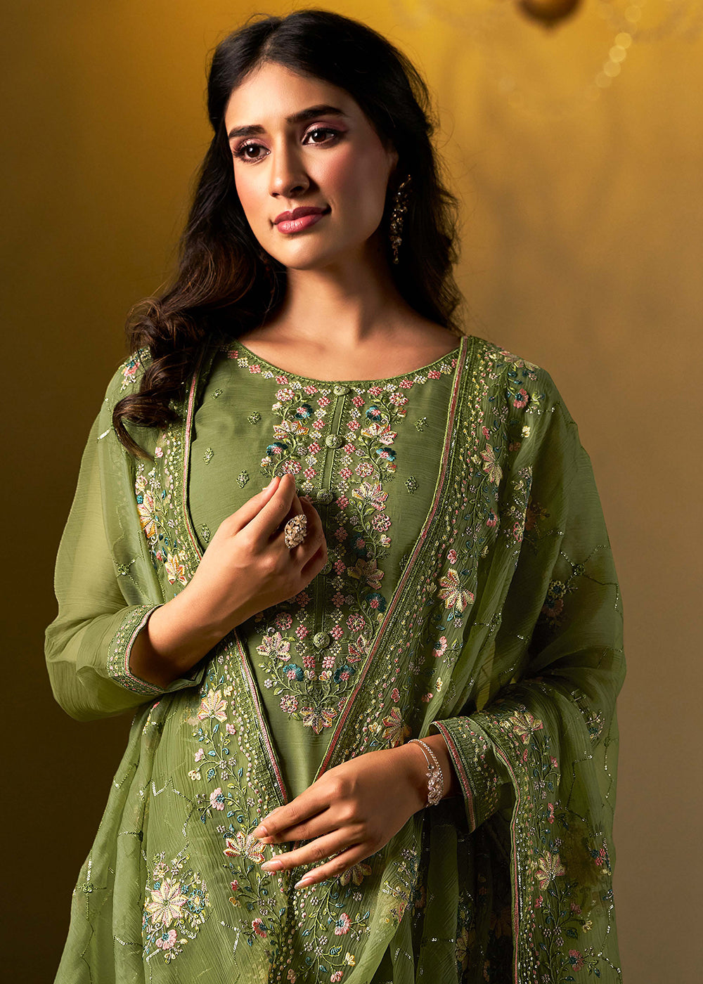 Buy Now Green Chiffon Swarovski Embroidered Salwar Suit Online in USA, UK, Canada, Germany, Italy, France, Austria, UAE, Qatar & Worldwide at Empress Clothing.