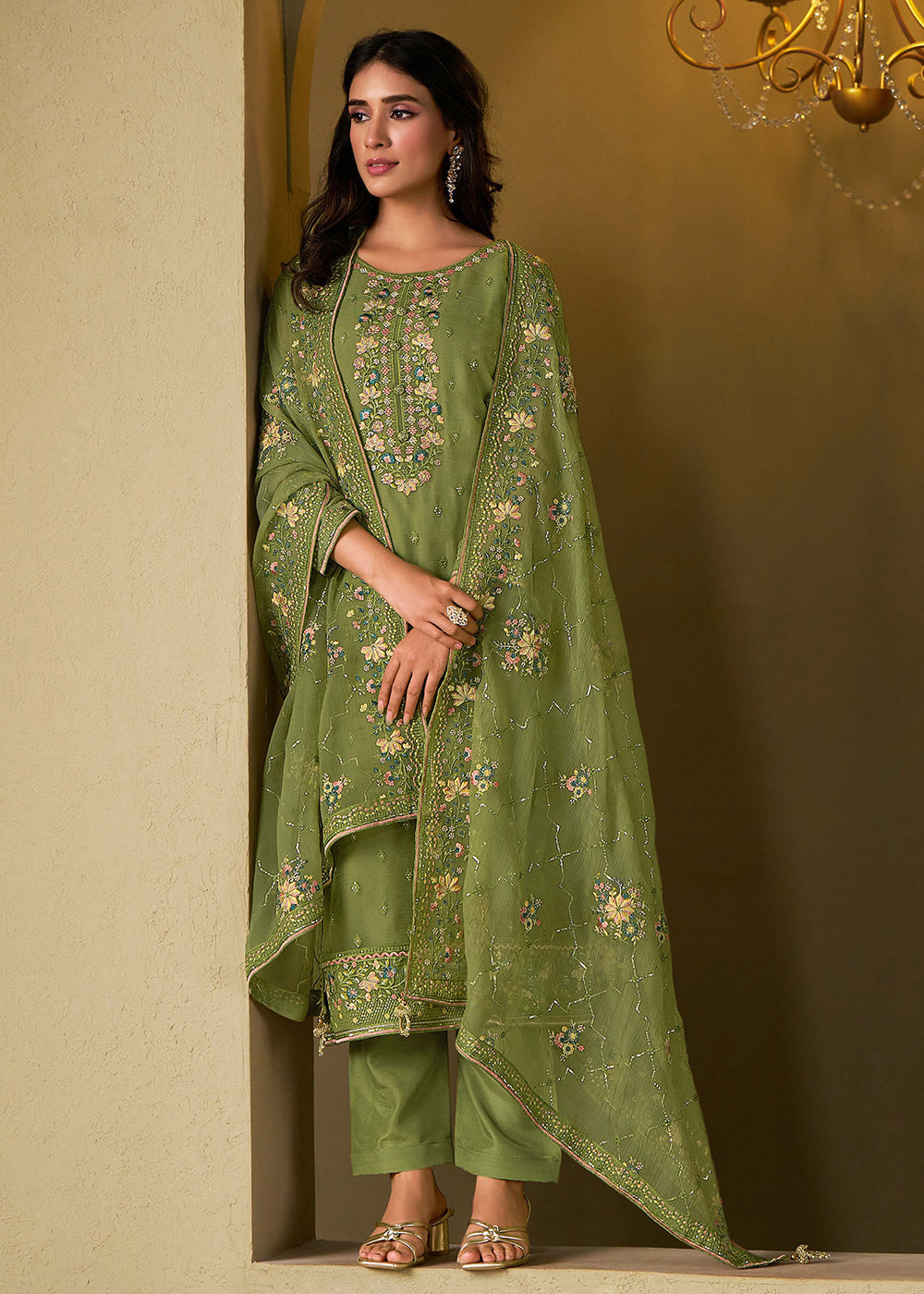 Buy Now Green Chiffon Swarovski Embroidered Salwar Suit Online in USA, UK, Canada, Germany, Italy, France, Austria, UAE, Qatar & Worldwide at Empress Clothing.