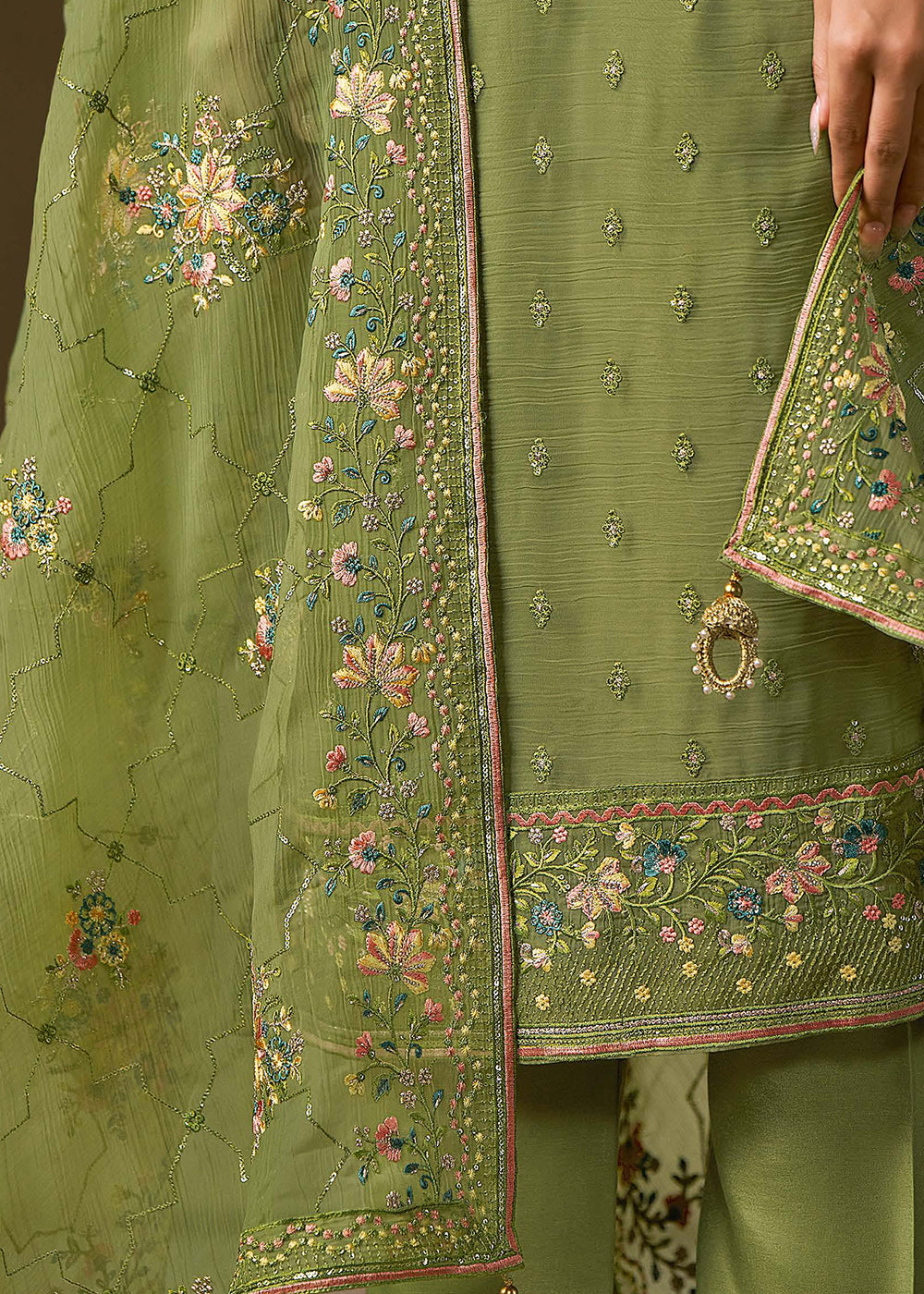 Buy Now Green Chiffon Swarovski Embroidered Salwar Suit Online in USA, UK, Canada, Germany, Italy, France, Austria, UAE, Qatar & Worldwide at Empress Clothing.