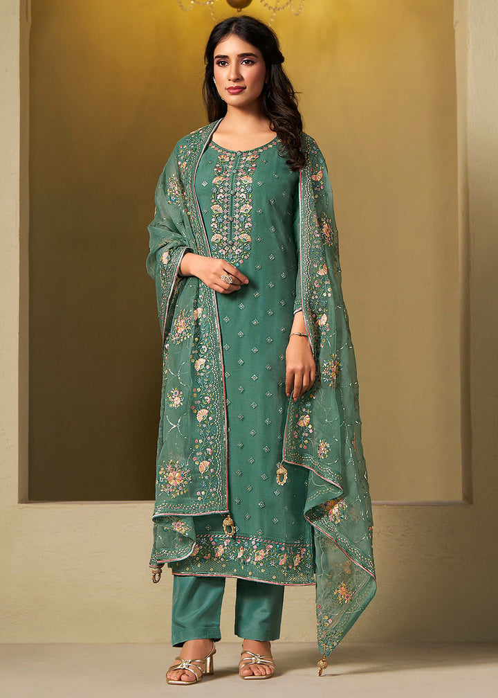 Buy Now Teal Chiffon Swarovski Embroidered Salwar Suit Online in USA, UK, Canada, Germany, Italy, France, Austria, UAE, Qatar & Worldwide at Empress Clothing.