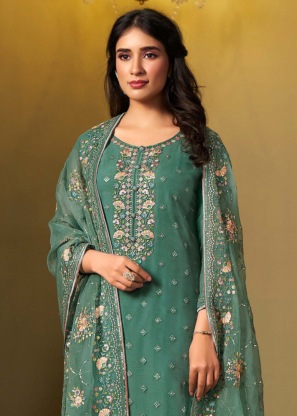 Buy Now Teal Chiffon Swarovski Embroidered Salwar Suit Online in USA, UK, Canada, Germany, Italy, France, Austria, UAE, Qatar & Worldwide at Empress Clothing.
