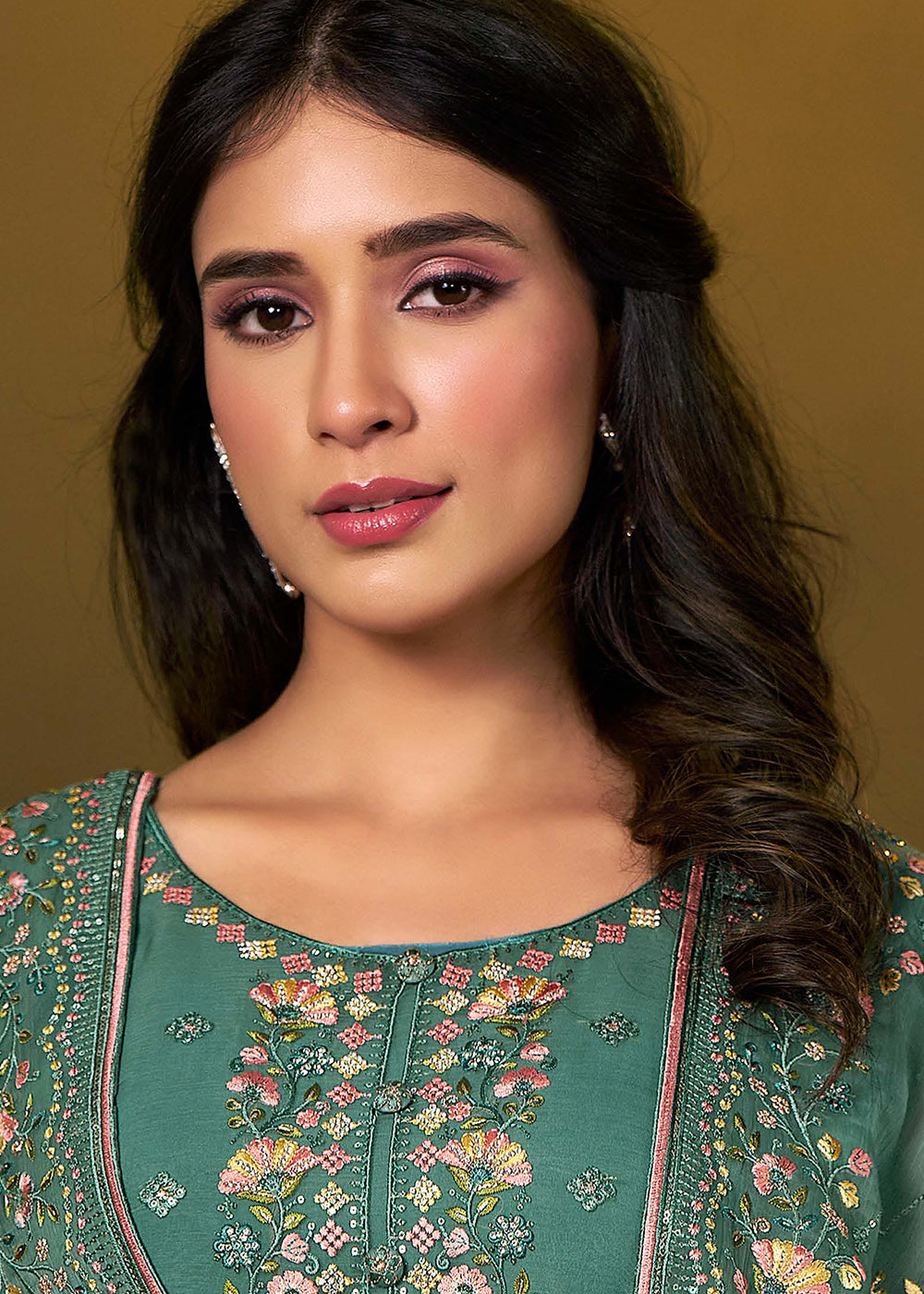 Buy Now Teal Chiffon Swarovski Embroidered Salwar Suit Online in USA, UK, Canada, Germany, Italy, France, Austria, UAE, Qatar & Worldwide at Empress Clothing.