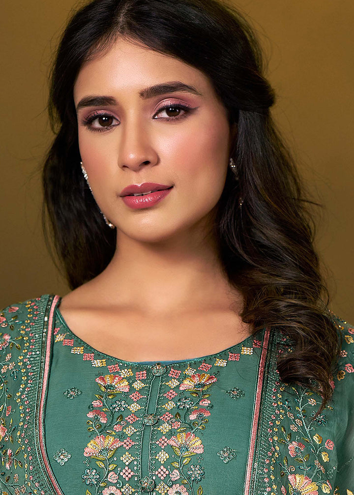 Buy Now Teal Chiffon Swarovski Embroidered Salwar Suit Online in USA, UK, Canada, Germany, Italy, France, Austria, UAE, Qatar & Worldwide at Empress Clothing.