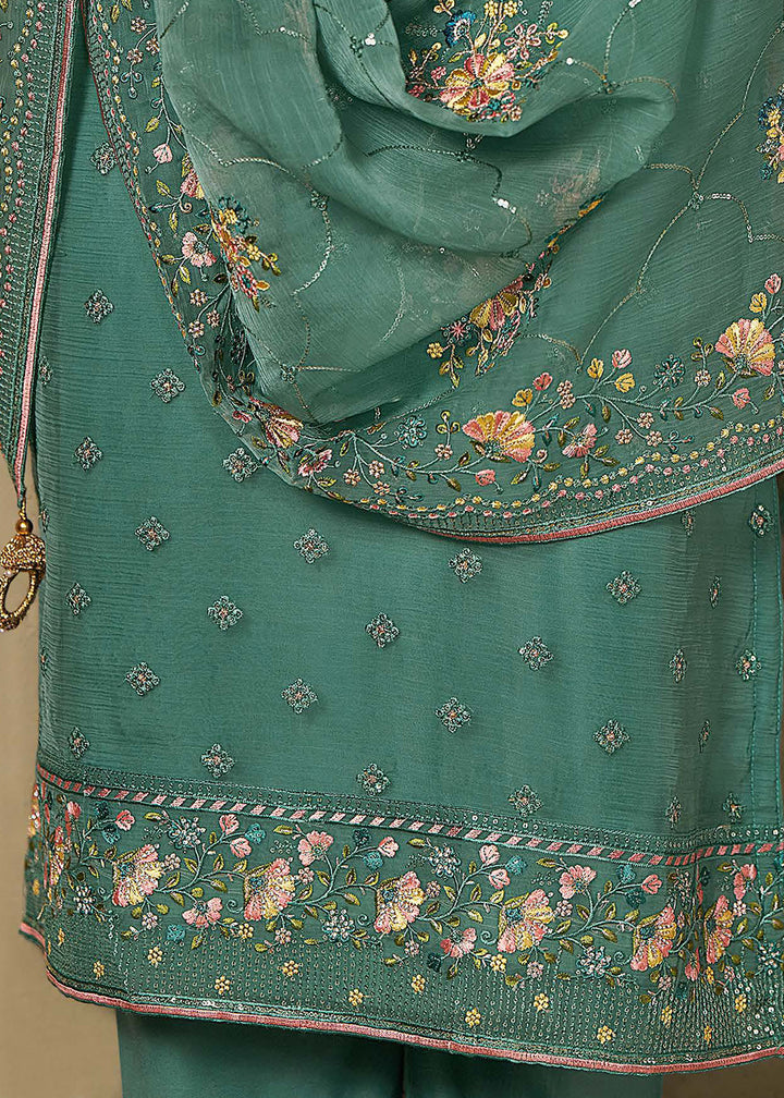 Buy Now Teal Chiffon Swarovski Embroidered Salwar Suit Online in USA, UK, Canada, Germany, Italy, France, Austria, UAE, Qatar & Worldwide at Empress Clothing.