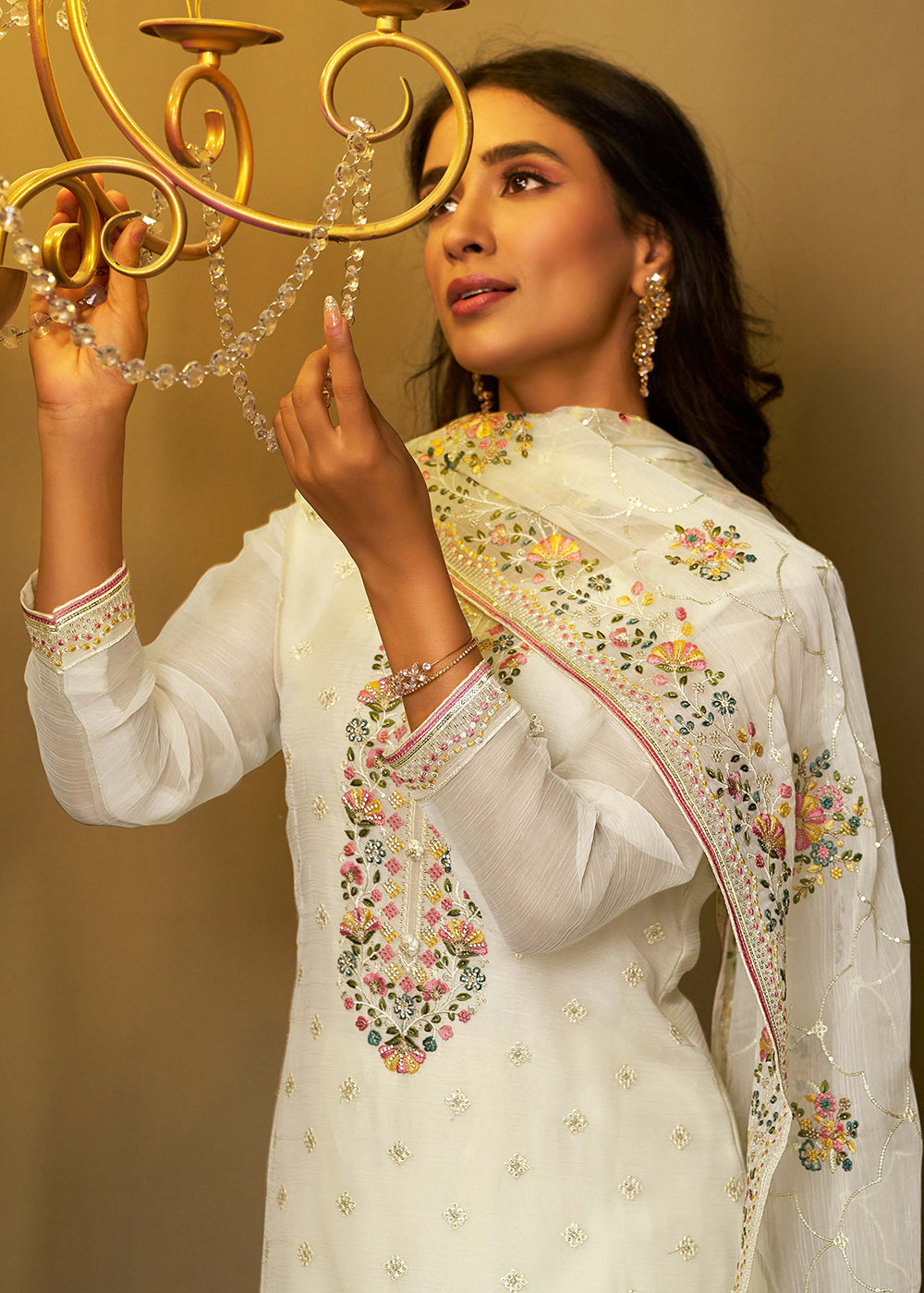 Buy Now White Chiffon Swarovski Embroidered Salwar Suit Online in USA, UK, Canada, Germany, Italy, France, Austria, UAE, Qatar & Worldwide at Empress Clothing.