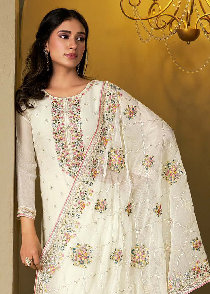 Buy Now White Chiffon Swarovski Embroidered Salwar Suit Online in USA, UK, Canada, Germany, Italy, France, Austria, UAE, Qatar & Worldwide at Empress Clothing.