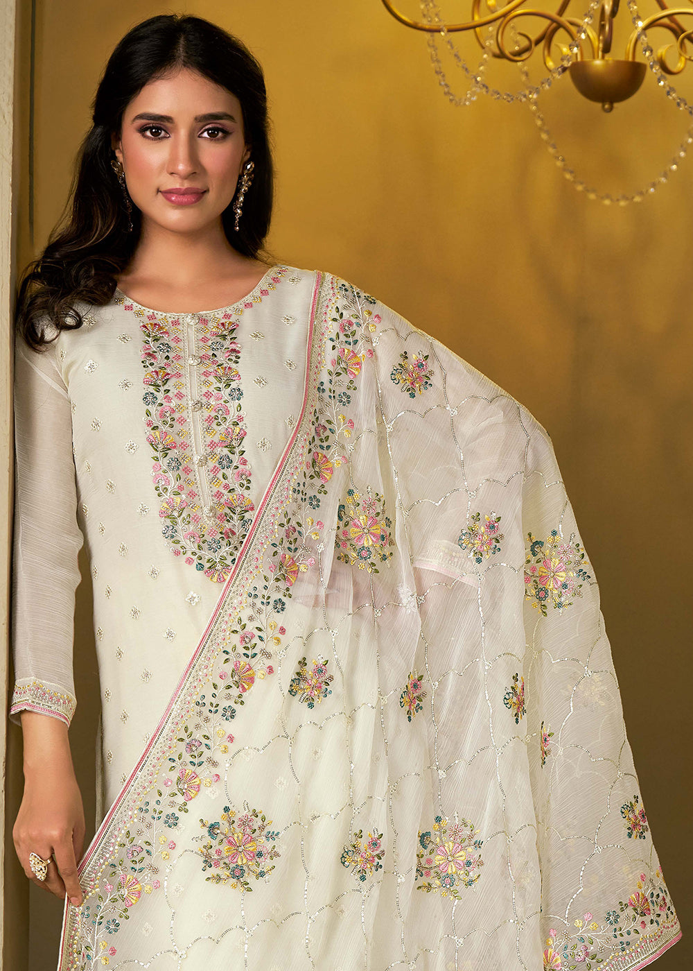 Buy Now White Chiffon Swarovski Embroidered Salwar Suit Online in USA, UK, Canada, Germany, Italy, France, Austria, UAE, Qatar & Worldwide at Empress Clothing.