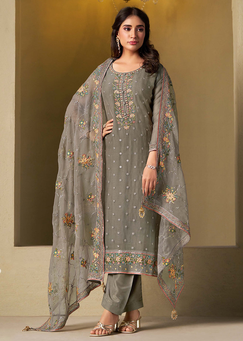 Buy Now Grey Chiffon Swarovski Embroidered Salwar Suit Online in USA, UK, Canada, Germany, Italy, France, Austria, UAE, Qatar & Worldwide at Empress Clothing.