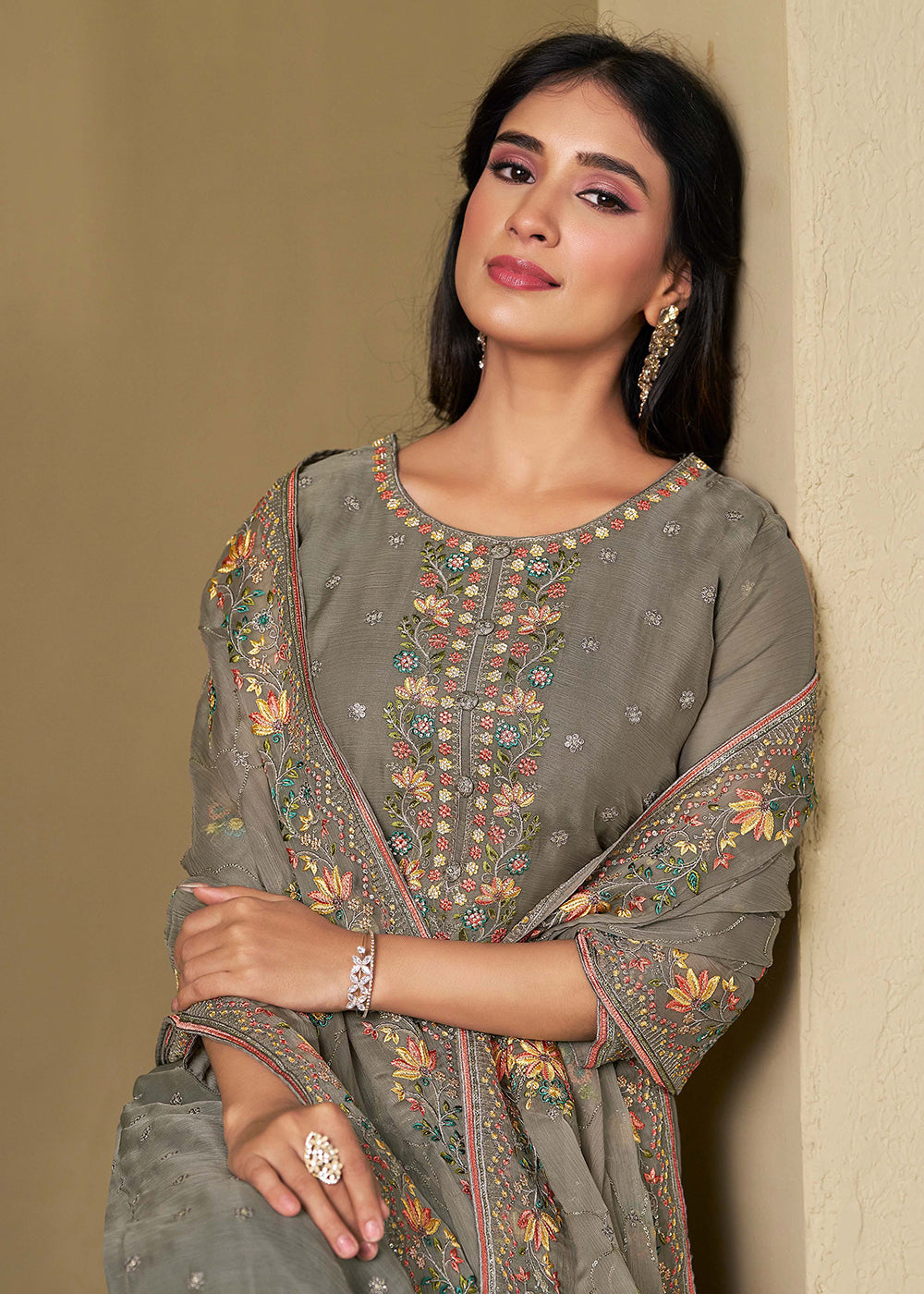 Buy Now Grey Chiffon Swarovski Embroidered Salwar Suit Online in USA, UK, Canada, Germany, Italy, France, Austria, UAE, Qatar & Worldwide at Empress Clothing.