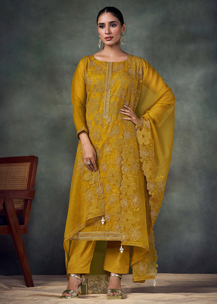 Buy Now Mustard Chiffon Embroidered Pakistani Style Suit Online in USA, UK, Canada, Germany, Italy UAE & Worldwide at Empress Clothing.