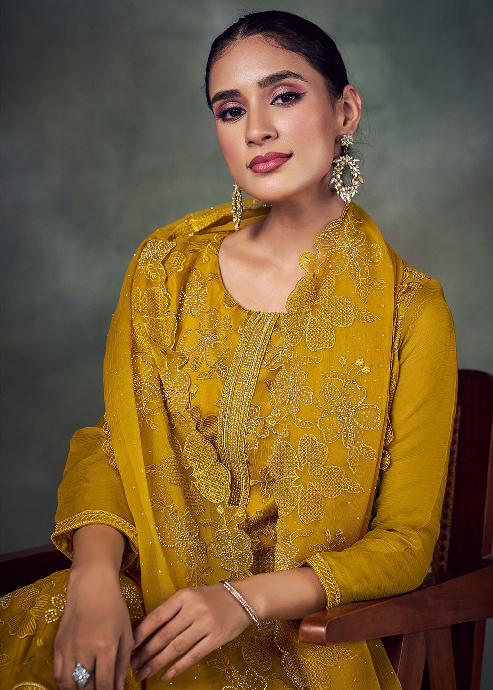 Buy Now Mustard Chiffon Embroidered Pakistani Style Suit Online in USA, UK, Canada, Germany, Italy UAE & Worldwide at Empress Clothing.