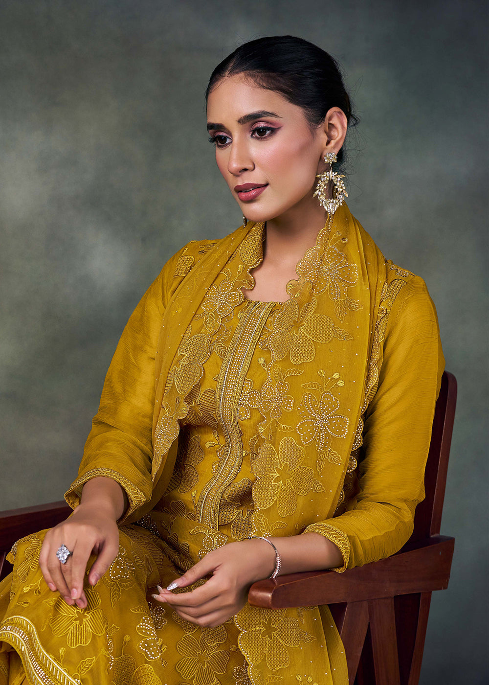 Buy Now Mustard Chiffon Embroidered Pakistani Style Suit Online in USA, UK, Canada, Germany, Italy UAE & Worldwide at Empress Clothing.