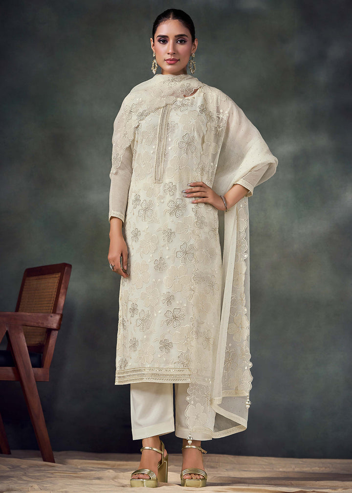 Buy Now Pearl White Chiffon Embroidered Pakistani Style Suit Online in USA, UK, Canada, Germany, Italy UAE & Worldwide at Empress Clothing.