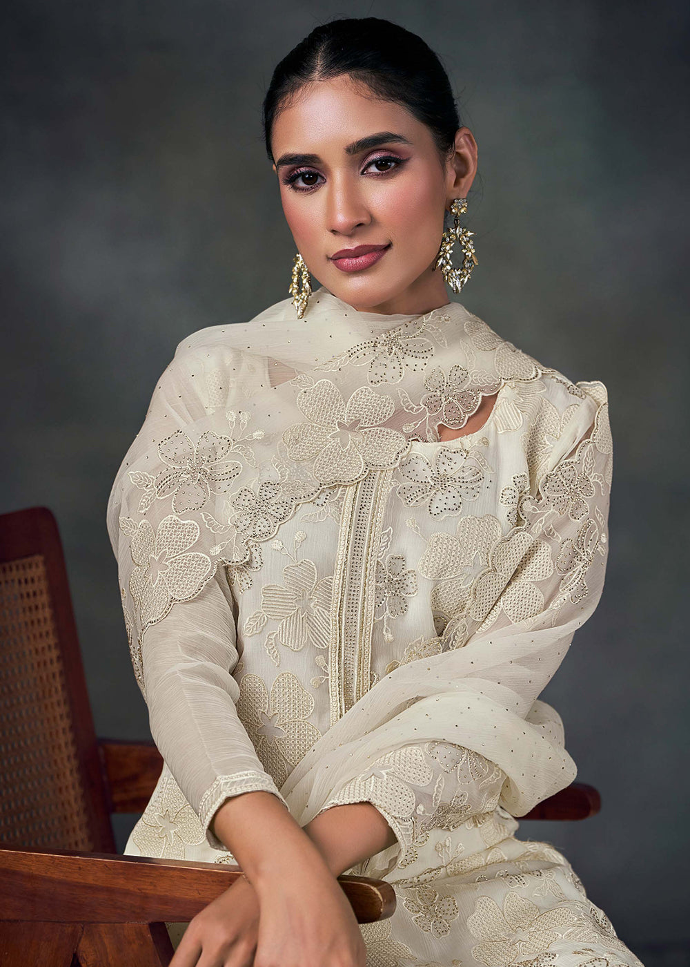 Buy Now Pearl White Chiffon Embroidered Pakistani Style Suit Online in USA, UK, Canada, Germany, Italy UAE & Worldwide at Empress Clothing.