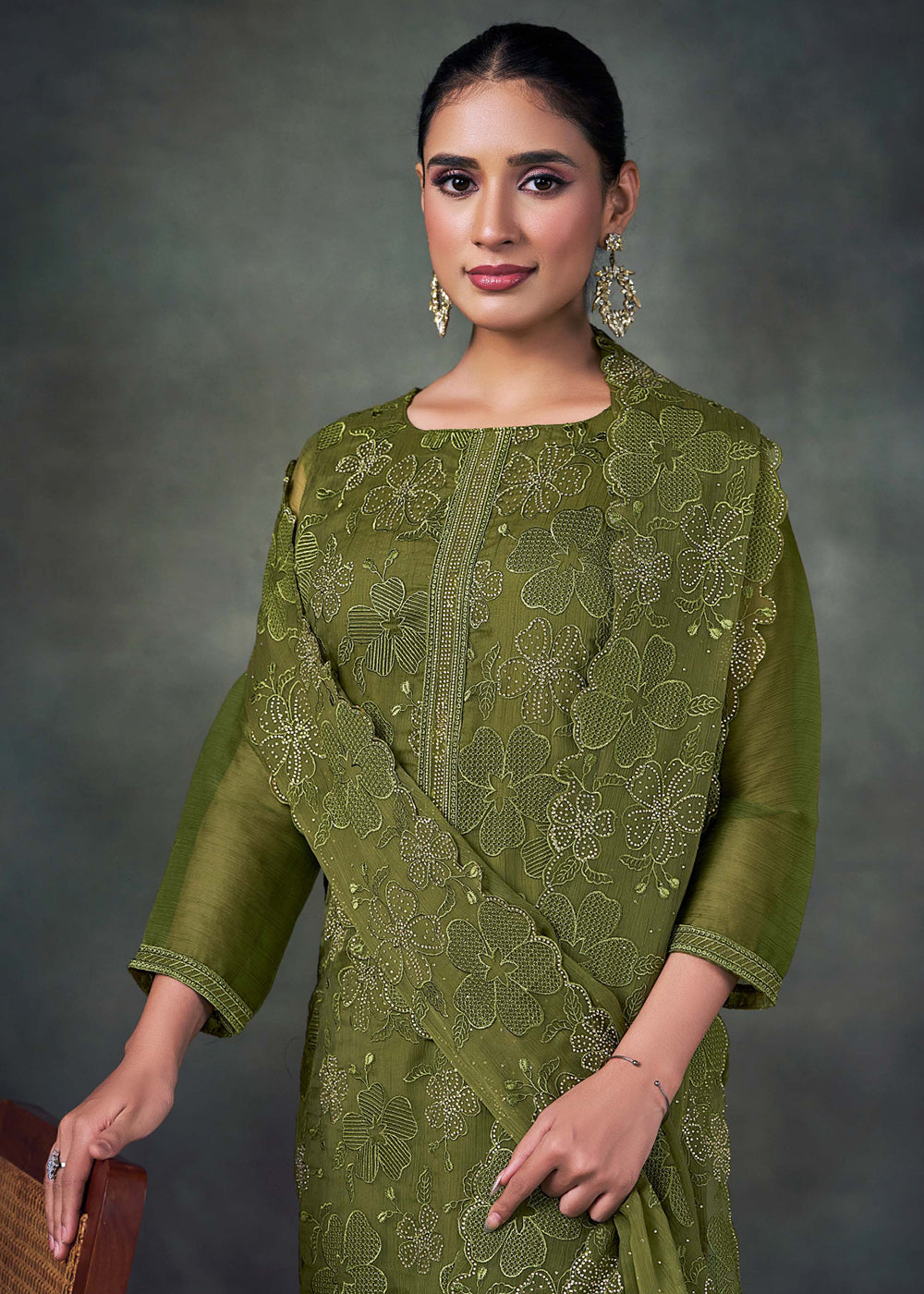 olive green pakistani dress Buy Embroidered Art Silk Pakistani Suit in Dark Olive Green Online : KBNQ5392
