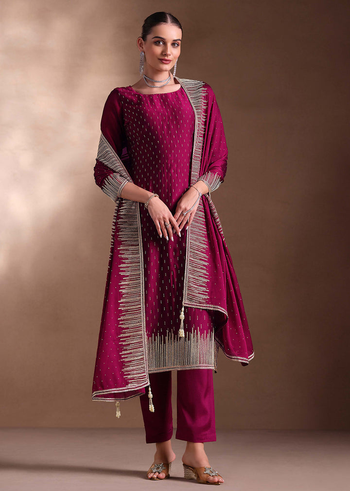 Buy Now Magenta Two Tone Cottonic Georgette Festive Salwar Suit Online in USA, UK, Canada, Germany, Italy, France, Austria, UAE & Worldwide at Empress Clothing.