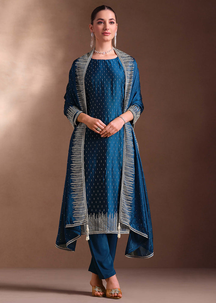 Buy Now Blue Two Tone Cottonic Georgette Festive Salwar Suit Online in USA, UK, Canada, Germany, Italy, France, Austria, UAE & Worldwide at Empress Clothing.